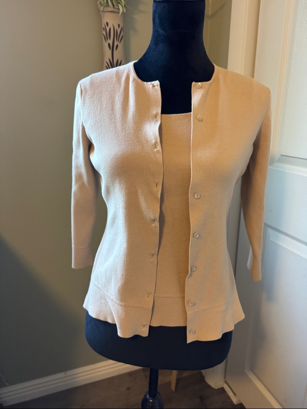 LOFT Beige Crewneck Cardigan and Shell Set
